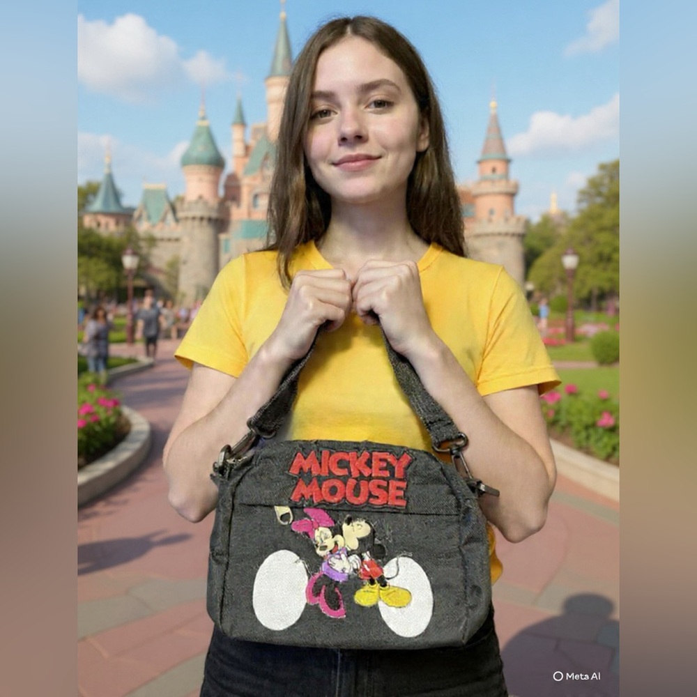 Mickey Mouse Denim Crossbody Bag - Grey with Red Logo